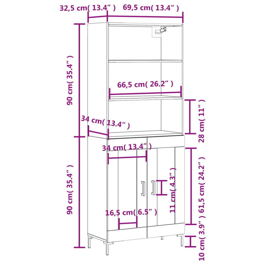 Buffet haut Blanc brillant 69,5x34x180 cm Bois d'ingénierie - 13