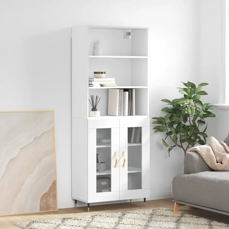Buffet haut Blanc brillant 69,5x34x180 cm Bois d'ingénierie