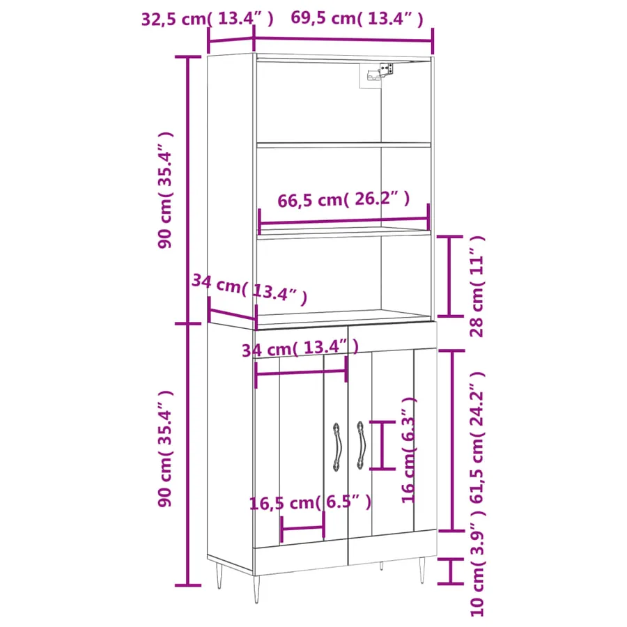 Buffet haut Blanc brillant 69,5x34x180 cm Bois d'ingénierie - 13