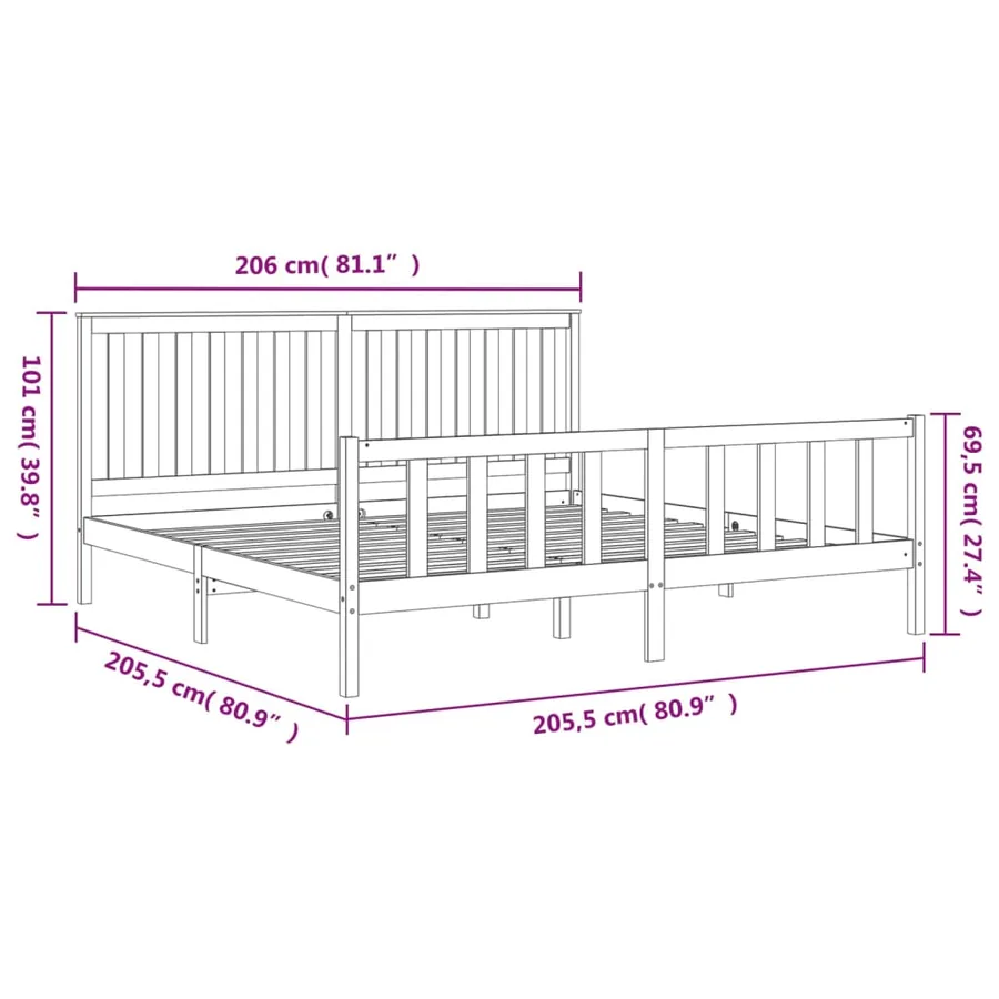 Cadre de lit sans matelas noir 200x200 cm bois massif de pin - 6