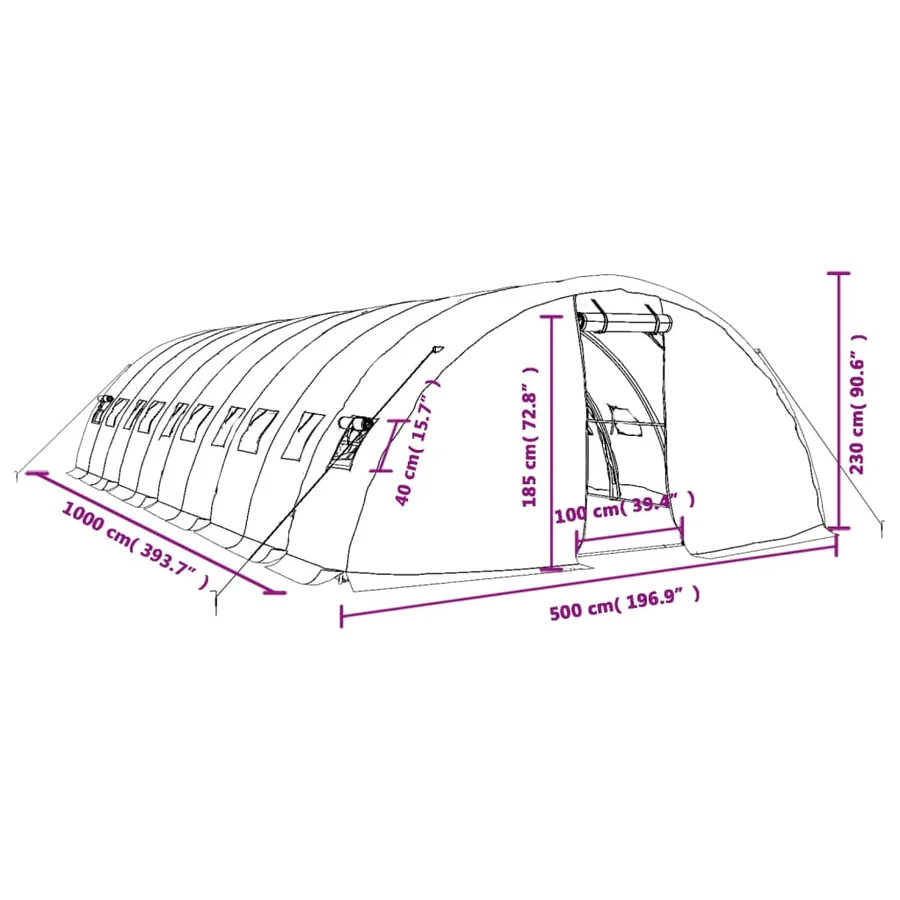 Serre avec cadre en acier vert 50 m² 10x5x2,3 m - 12