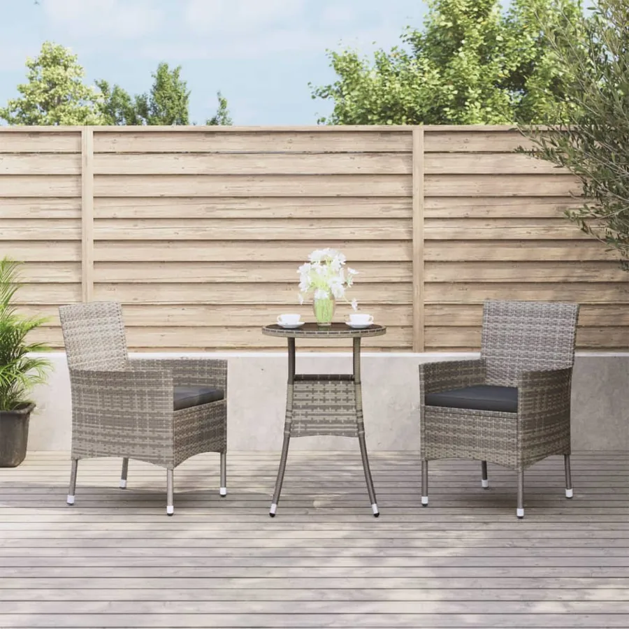 Ensemble de bistro de jardin 3 pcs coussins gris poly rotin