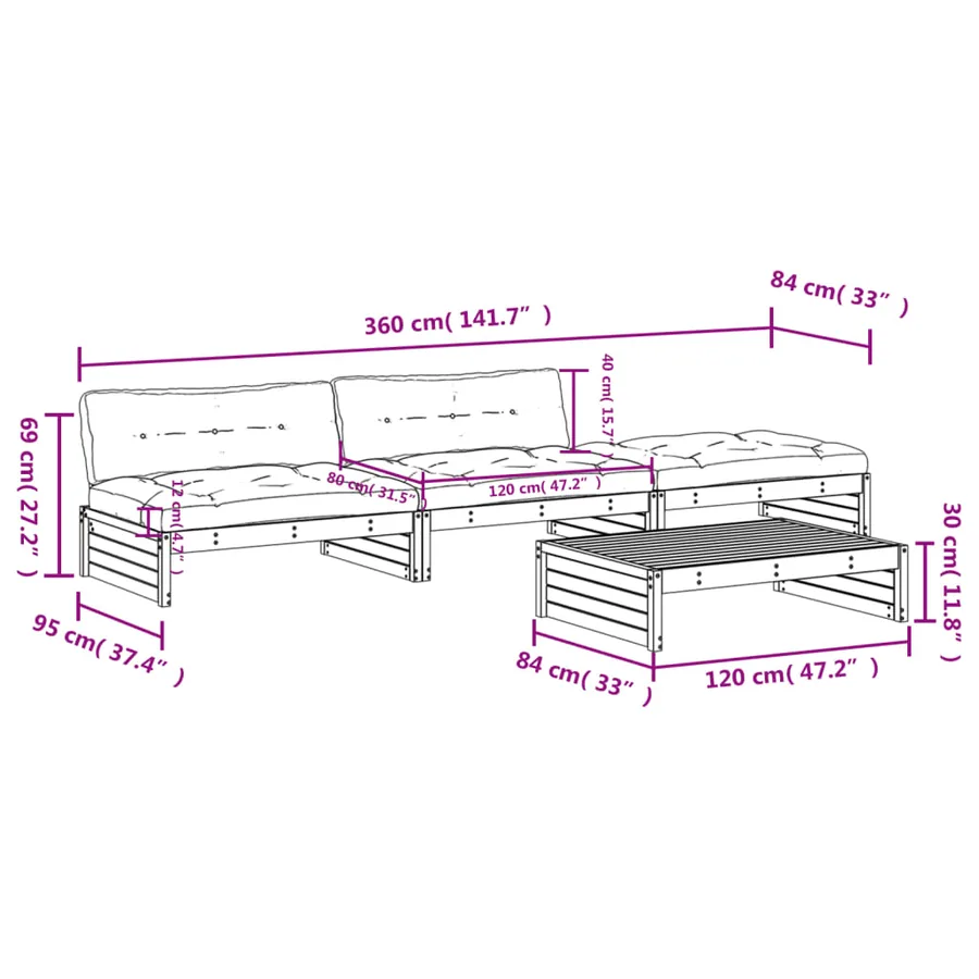 Salon de jardin 4 pcs avec coussins blanc bois massif - 8