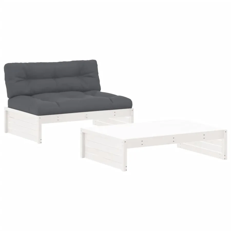 Salon de jardin 2 pcs avec coussins blanc bois massif - 2