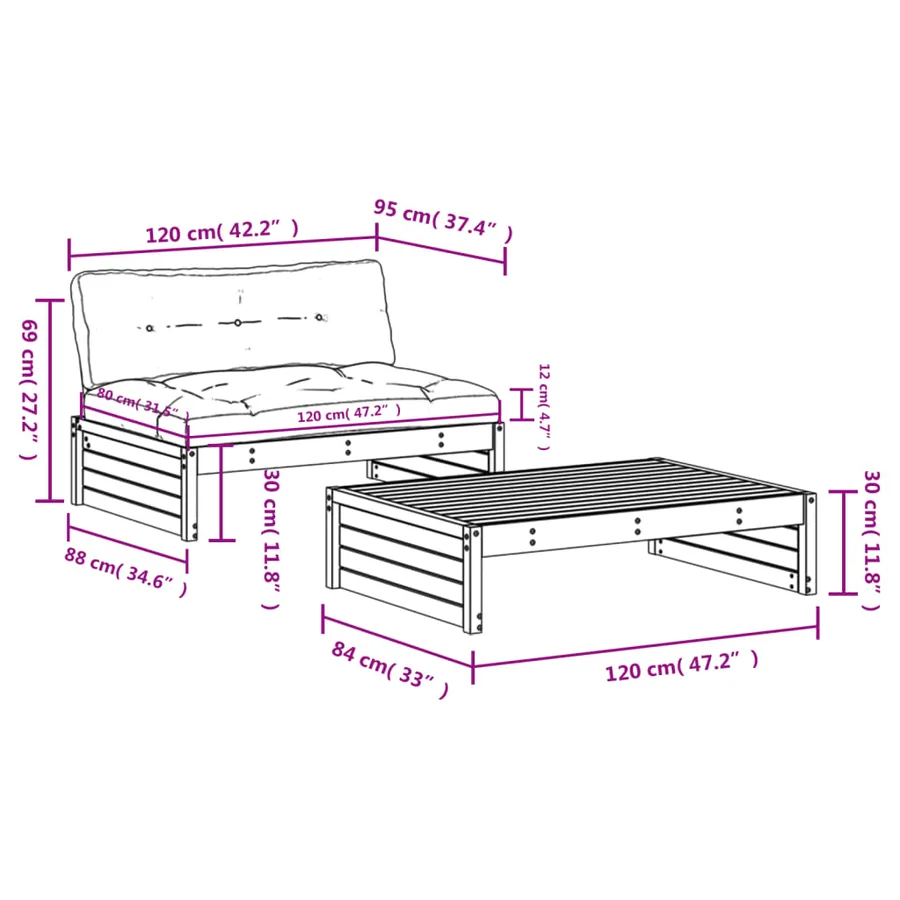 Salon de jardin 2 pcs avec coussins blanc bois massif - 8