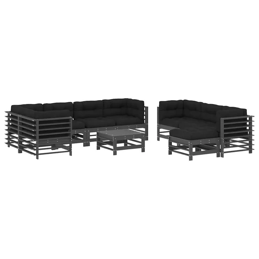 Salon de jardin 10 pcs avec coussins gris bois massif - 2