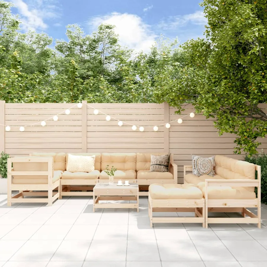 Salon de jardin 10 pcs avec coussins bois massif