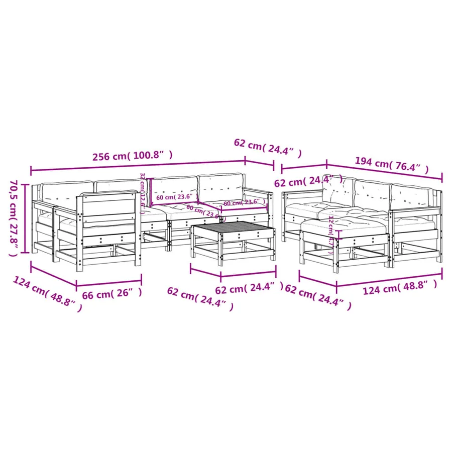 Salon de jardin 10 pcs avec coussins bois massif - 9