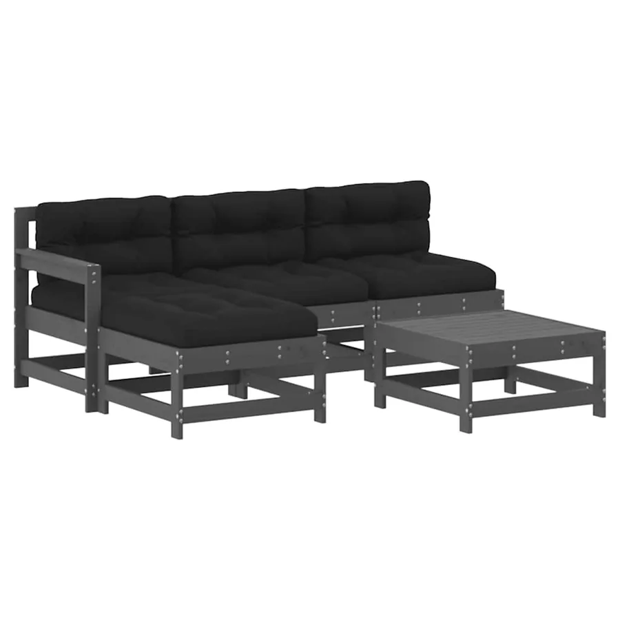 Salon de jardin 5 pcs avec coussins gris bois massif - 2