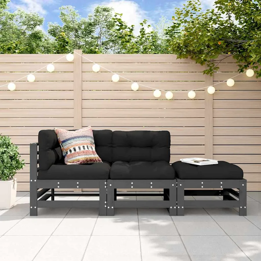 Salon de jardin 3 pcs avec coussins gris bois massif