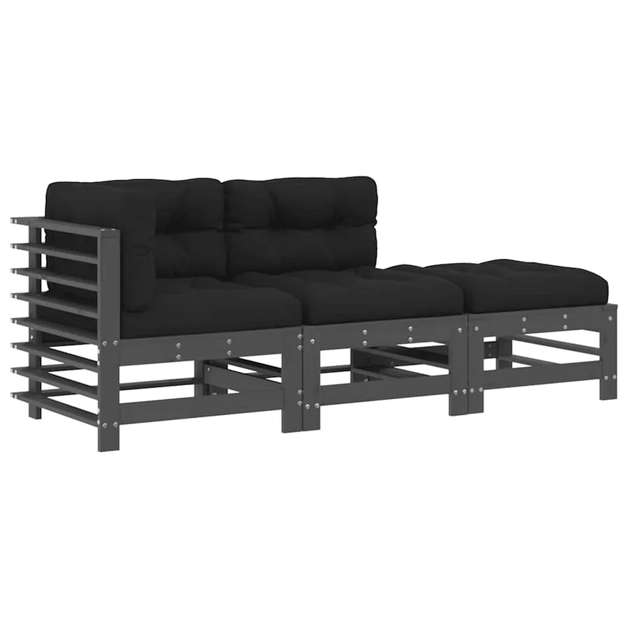 Salon de jardin 3 pcs avec coussins gris bois massif - 2