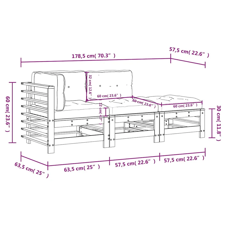 Salon de jardin 3 pcs avec coussins gris bois massif - 9