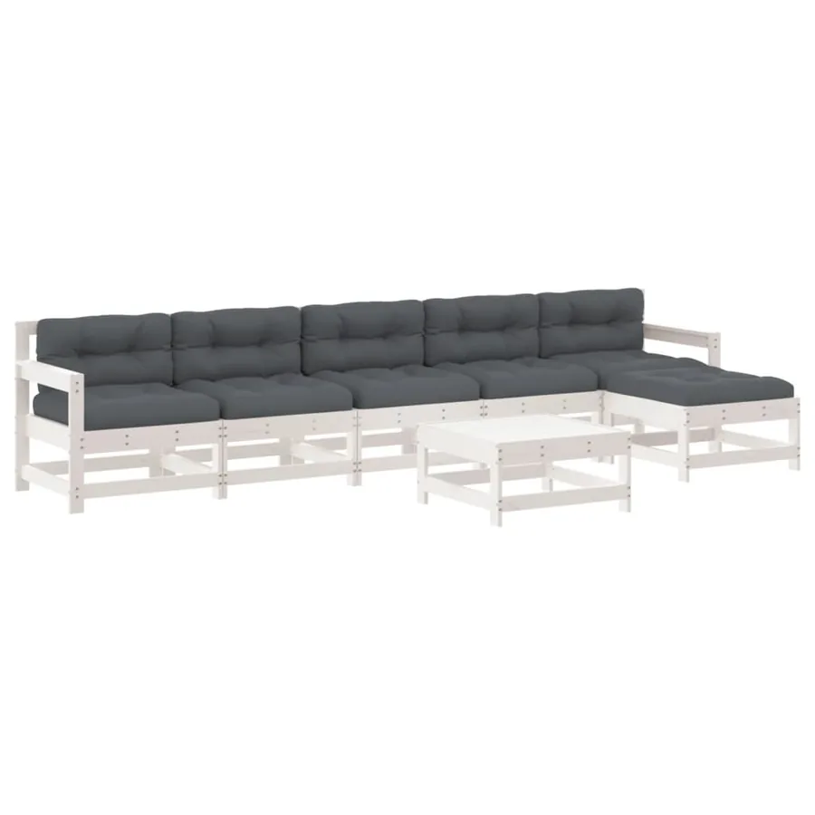 Salon de jardin 7 pcs avec coussins blanc bois massif - 2
