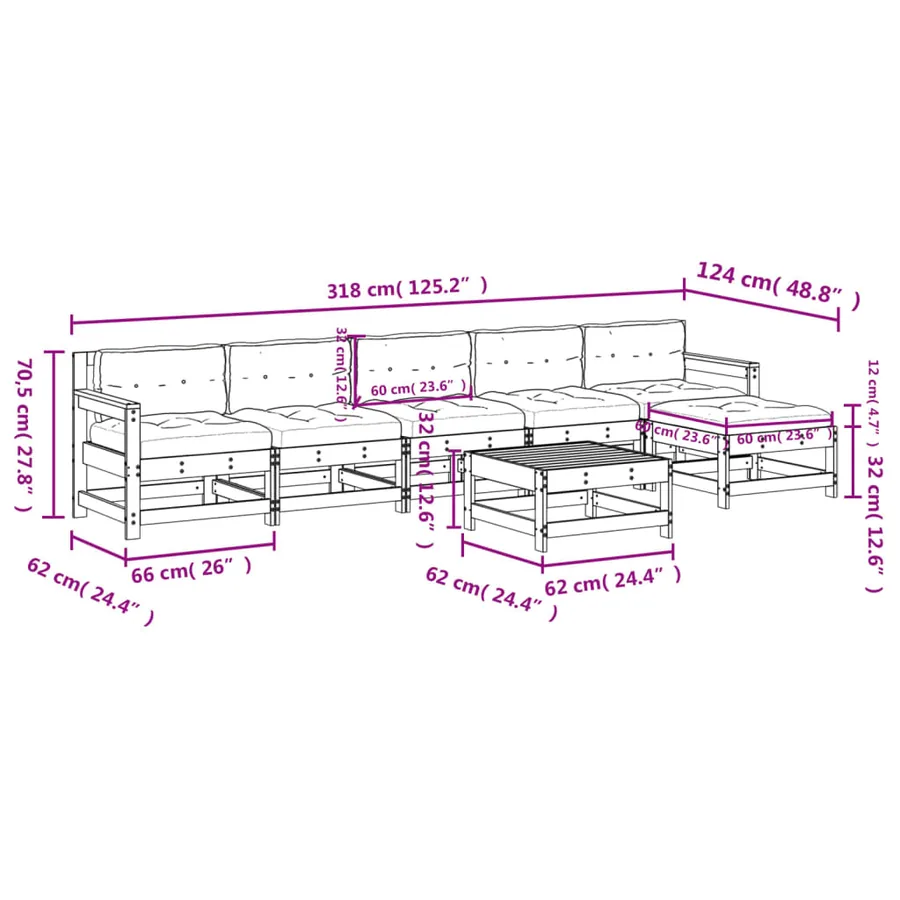 Salon de jardin 7 pcs avec coussins blanc bois massif - 9