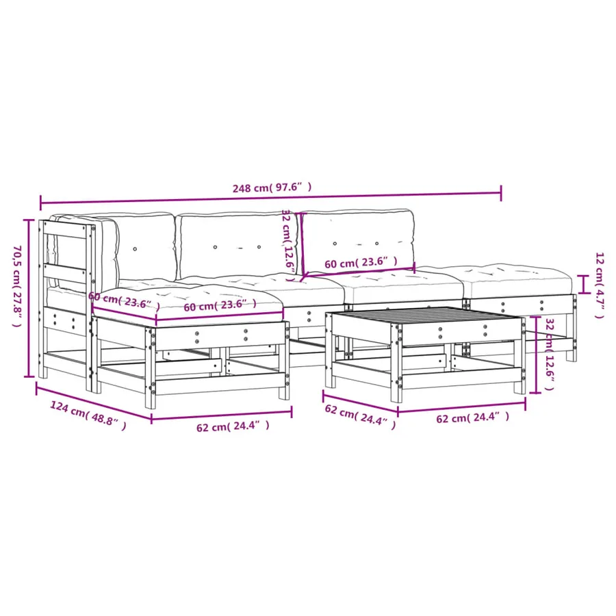 Salon de jardin 6 pcs avec coussins bois de pin imprégné - 9