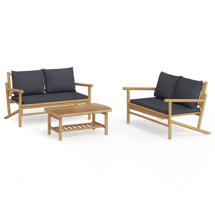Salon de jardin 3 pcs avec coussins gris foncé bambou - 2
