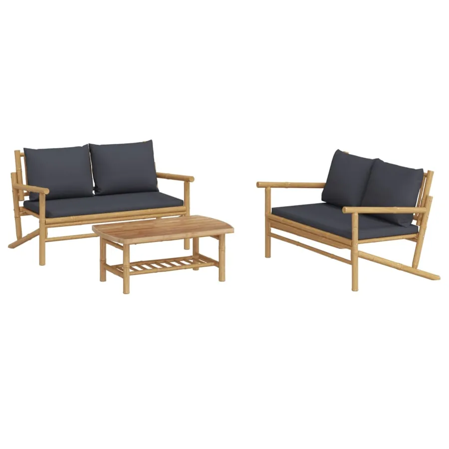 Salon de jardin 3 pcs avec coussins gris foncé bambou - 3