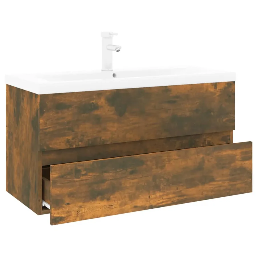Meuble lavabo avec bassin intégré Chêne fumé Bois d'ingénierie - 3
