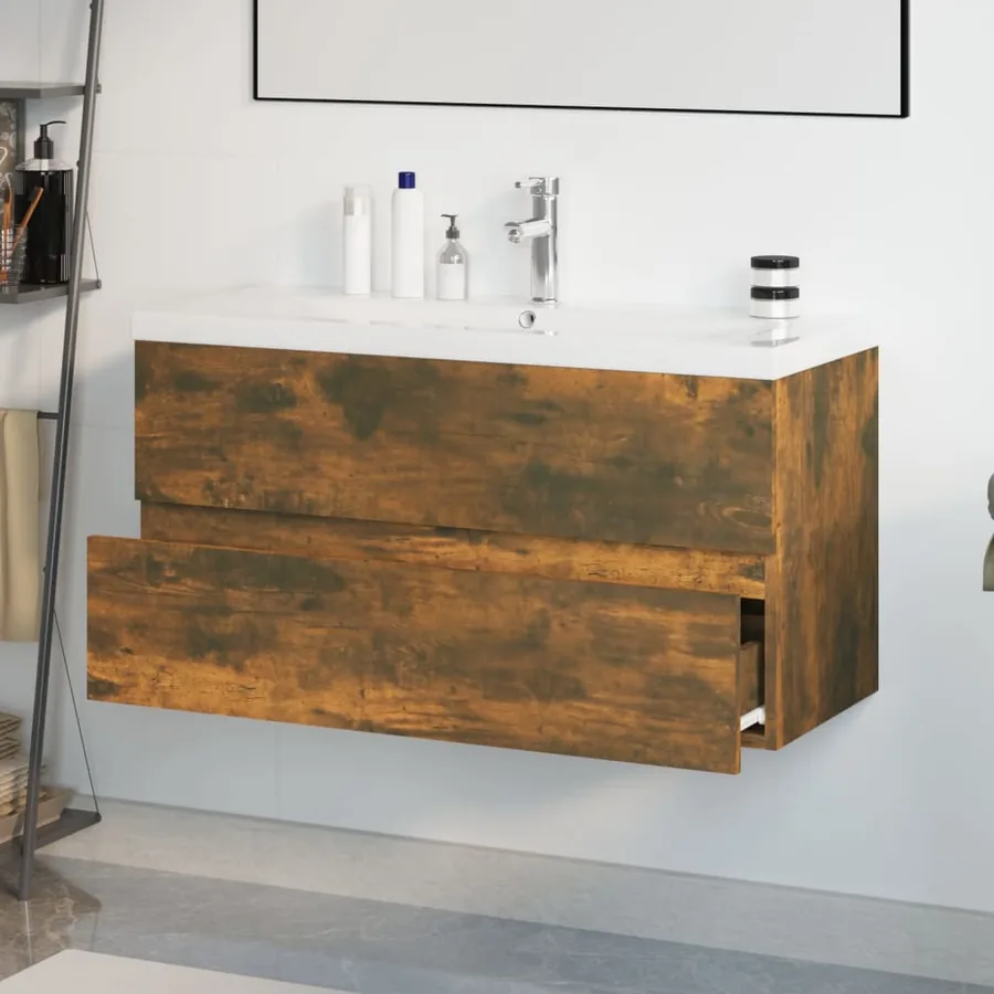 Meuble lavabo avec bassin intégré Chêne fumé Bois d'ingénierie - 4