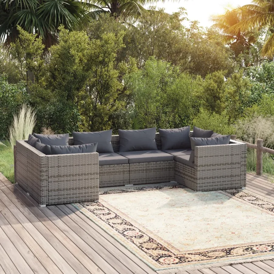 Salon de jardin 6 pcs avec coussins résine tressée gris
