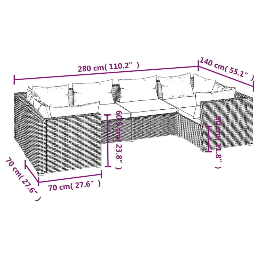 Salon de jardin 6 pcs avec coussins résine tressée gris - 7