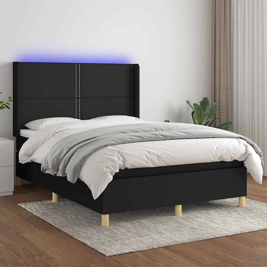 Sommier à lattes de lit matelas et LED Noir 140x200 cm Tissu - 3