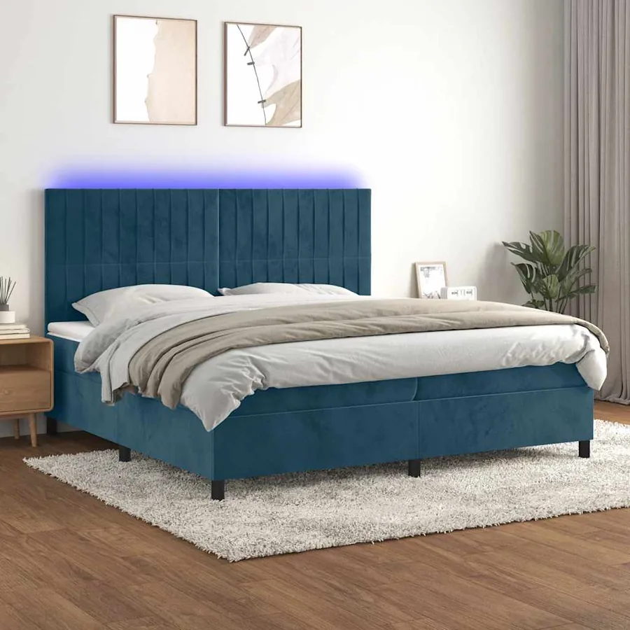 Sommier à lattes de lit matelas et LED Bleu foncé 200x200 cm