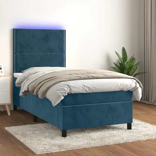 Sommier à lattes de lit avec matelas et LED Bleu foncé 90x200cm