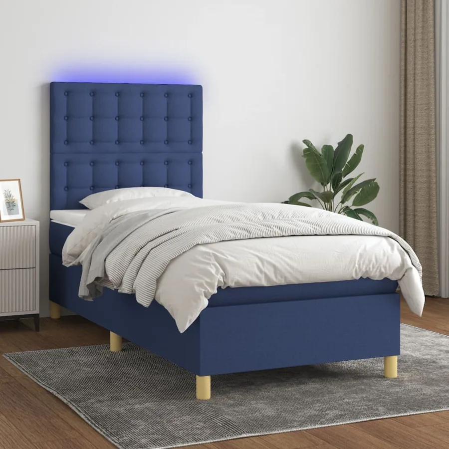 Sommier à lattes de lit et matelas et LED Bleu 90x190 cm Tissu