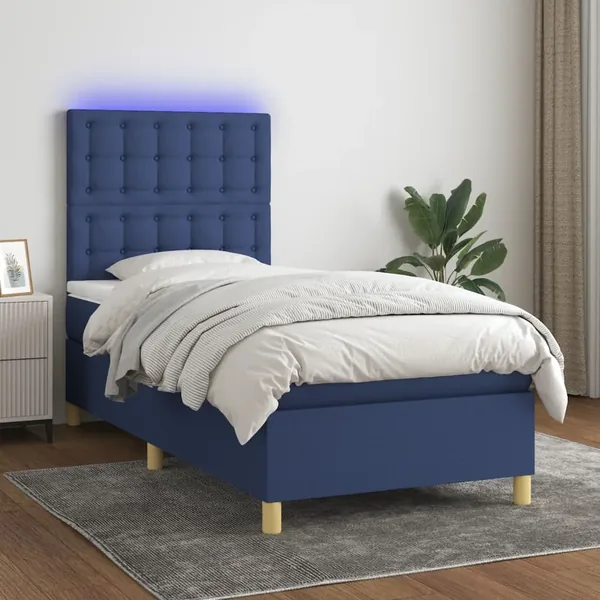 Sommier à lattes de lit et matelas et LED Bleu 90x190 cm Tissu