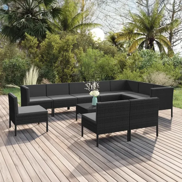 Salon de jardin 11 pcs avec coussins Résine tressée Noir
