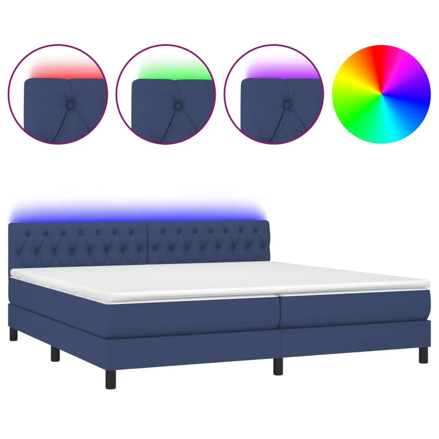 Sommier à lattes de lit et matelas et LED Bleu 200x200 cm Tissu - 2
