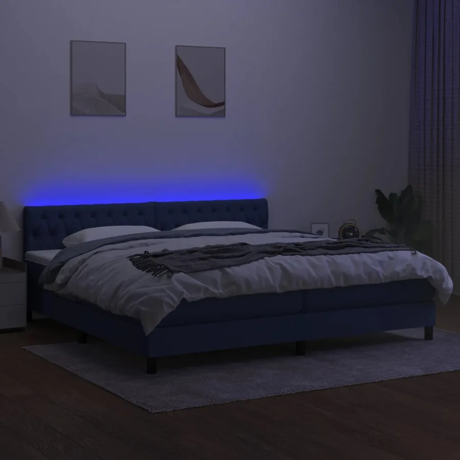 Sommier à lattes de lit et matelas et LED Bleu 200x200 cm Tissu - 4