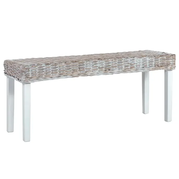 Banc 110 cm Blanc Rotin naturel kubu et bois d'acajou massif