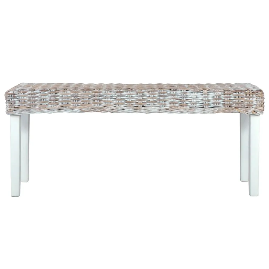Banc 110 cm Blanc Rotin naturel kubu et bois d'acajou massif - 2