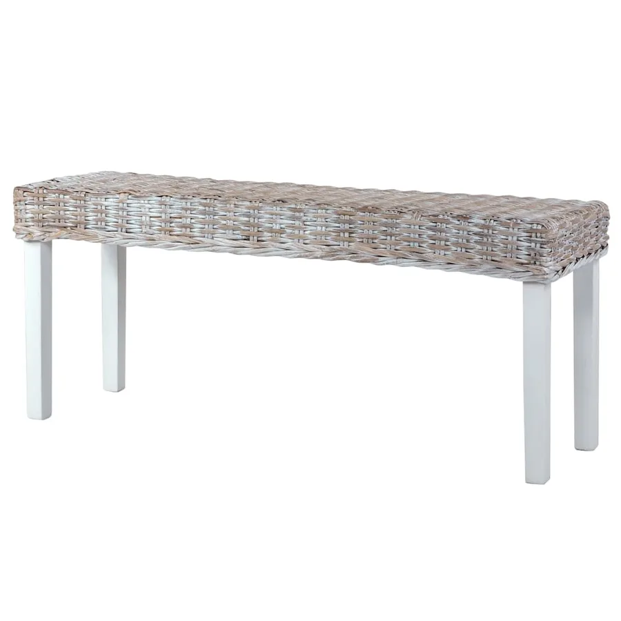 Banc 110 cm Blanc Rotin naturel kubu et bois d'acajou massif - 4