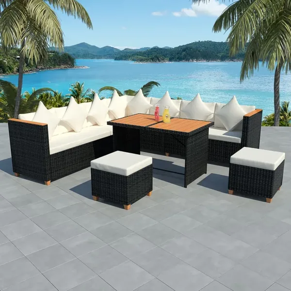 Salon de jardin 7 pcs avec coussins Résine tressée Noir