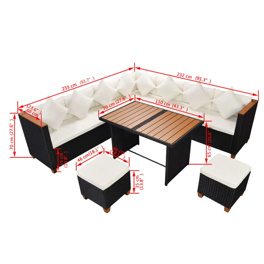 Salon de jardin 7 pcs avec coussins Résine tressée Noir - 11
