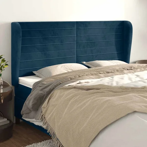 Tête de lit avec oreilles Bleu foncé 203x23x118/128 cm Velours