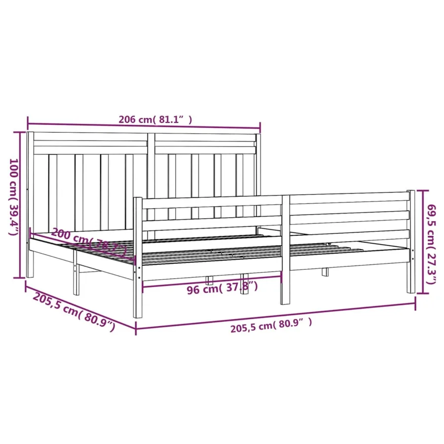 Cadre de lit sans matelas gris 200x200 cm bois massif - 6