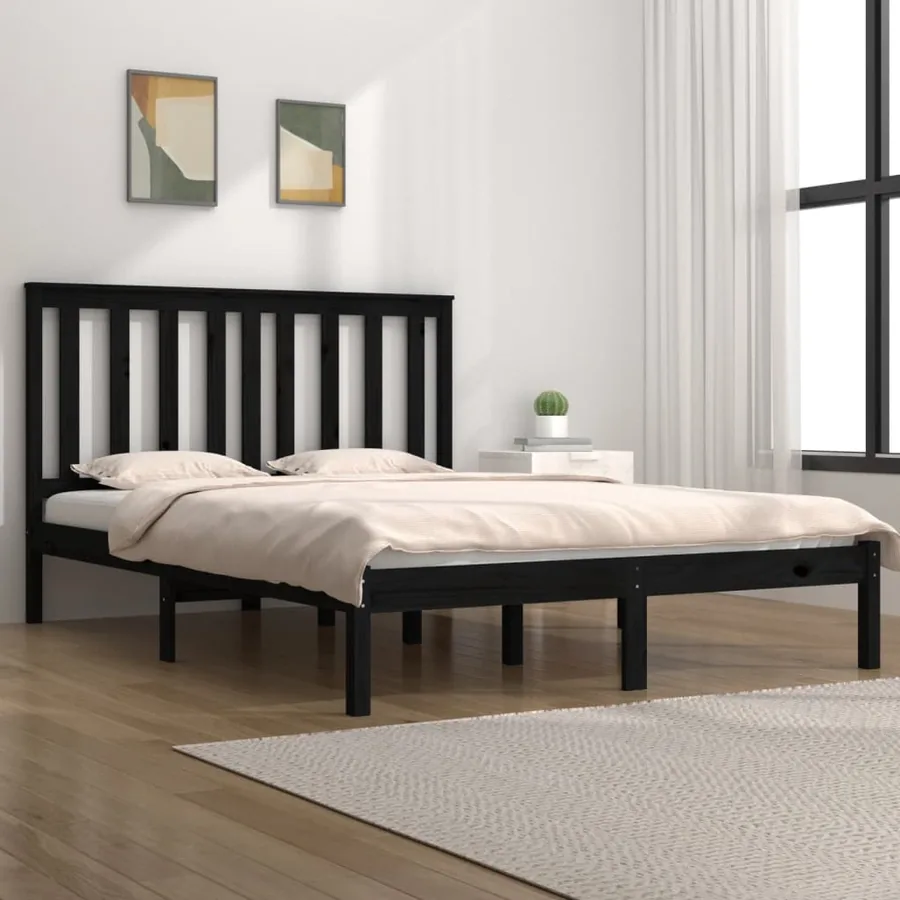 Cadre de lit sans matelas noir bois massif 140x190 cm