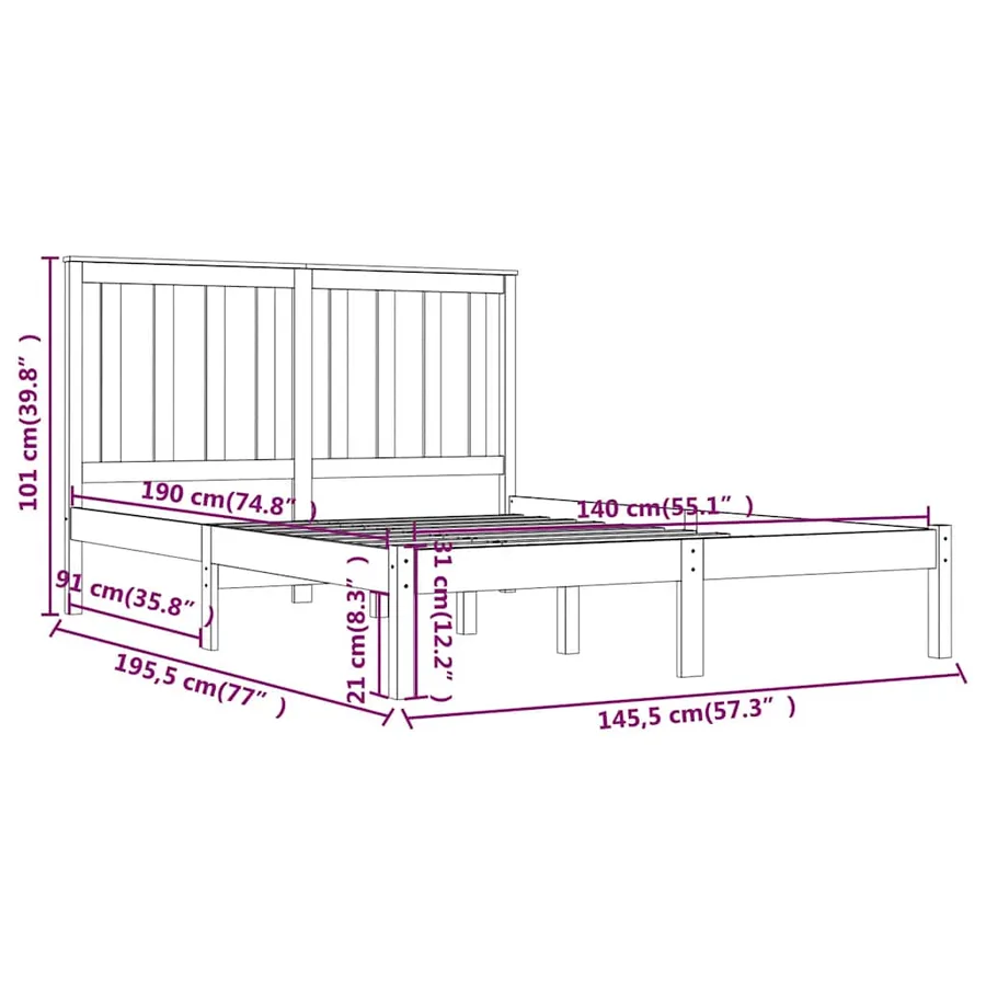 Cadre de lit sans matelas noir bois massif 140x190 cm - 6