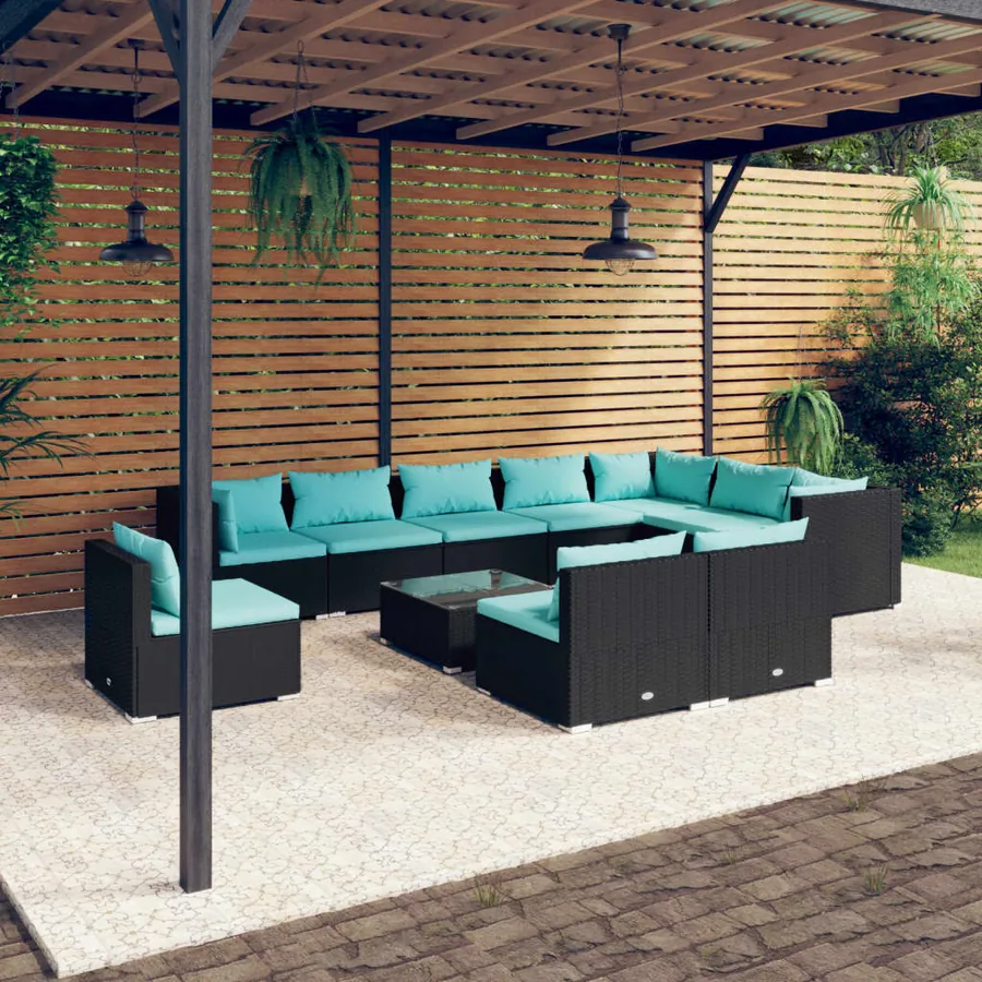 Salon de jardin 11 pcs avec coussins Résine tressée Noir