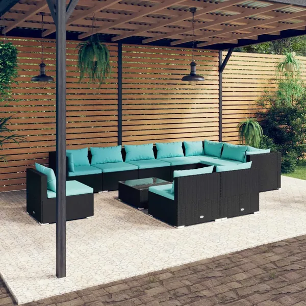 Salon de jardin 11 pcs avec coussins Résine tressée Noir
