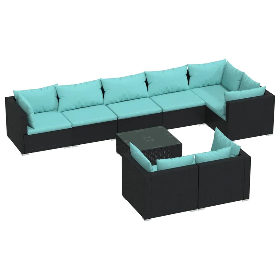 Salon de jardin 9 pcs avec coussins Noir Résine tressée - 2