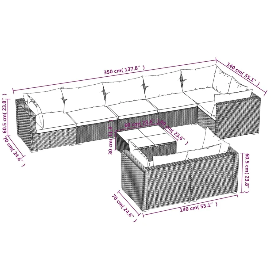 Salon de jardin 9 pcs avec coussins Noir Résine tressée - 6