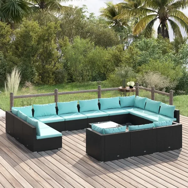 Salon de jardin 14 pcs avec coussins Noir Résine tressée