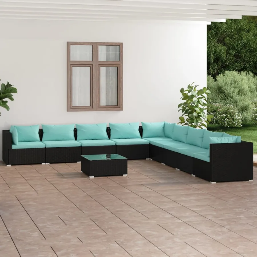Salon de jardin 10 pcs avec coussins Résine tressée Noir