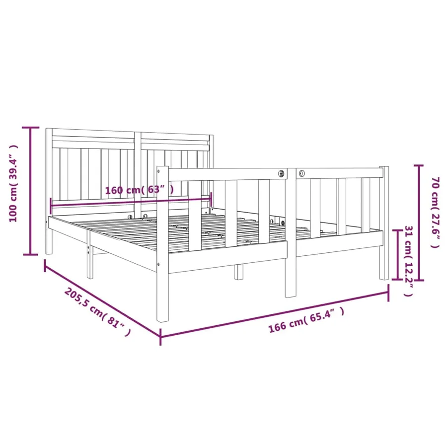 Cadre de lit sans matelas bois massif 160x200 cm - 9