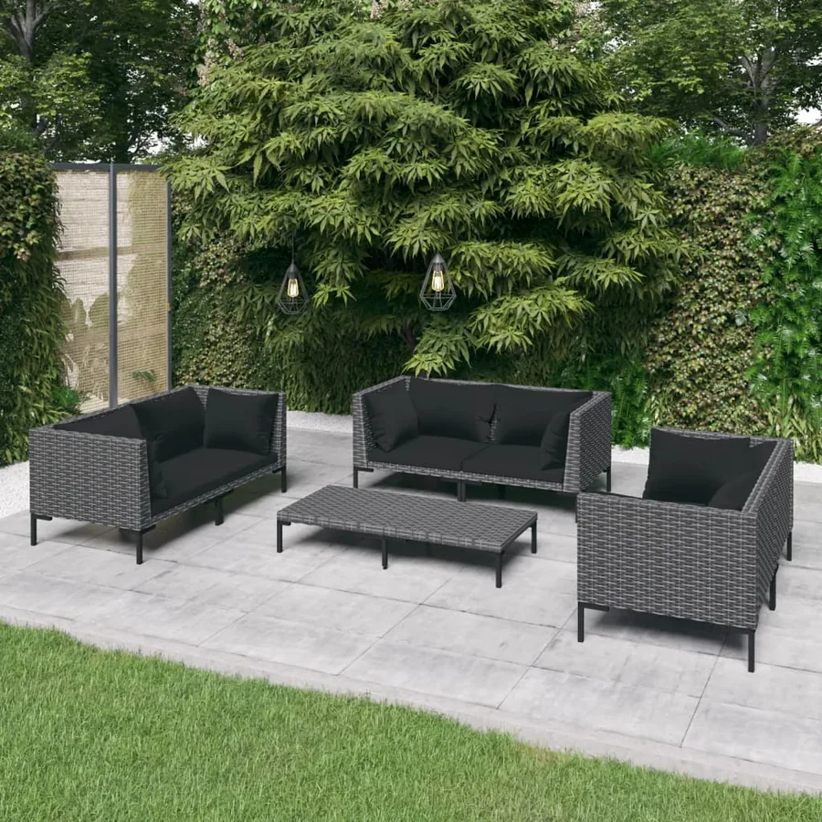 Salon de jardin 7 pcs avec coussins Résine tressée Gris foncé